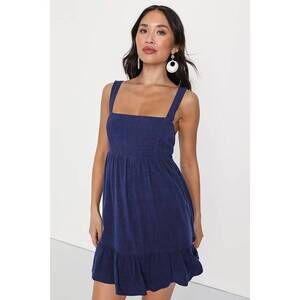 Lulus Darling Perfection Navy Blue Tiered Tie-back Mini Skater Dress - Size M